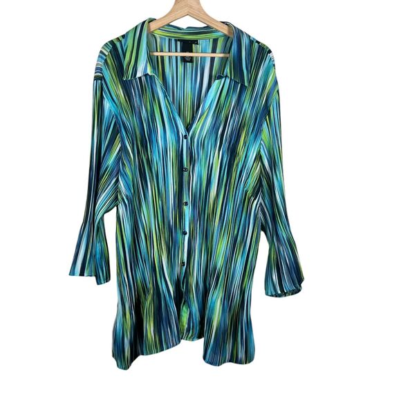 Maggie Barnes Button Up Blouse Plus 4X 30/32W Pleated Retro Disco Groovy Green - Picture 1 of 8